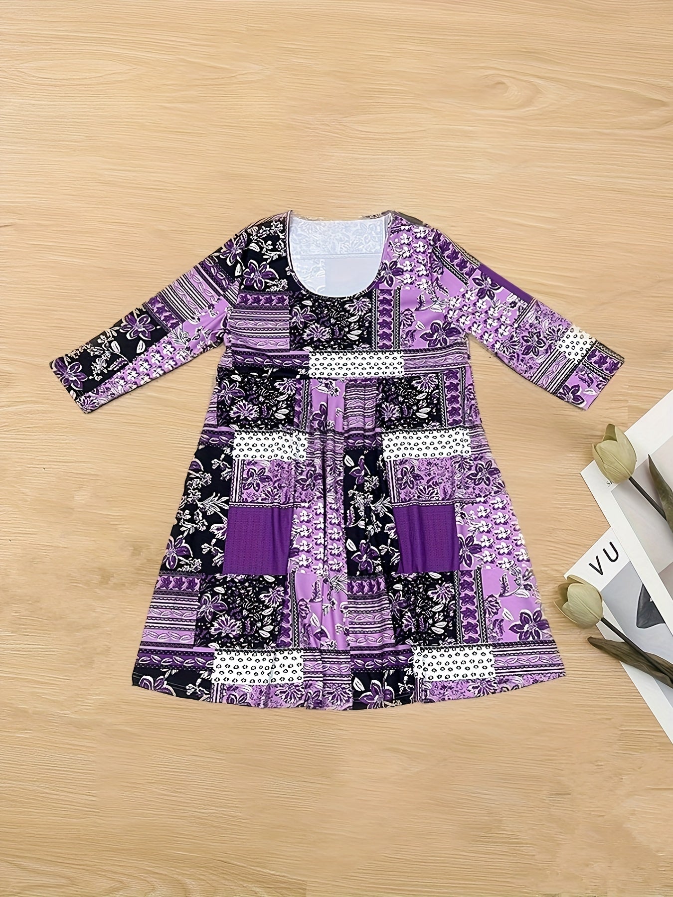  Boho Dress Floral Print Half Sleeve Round Neck Pleated Dress