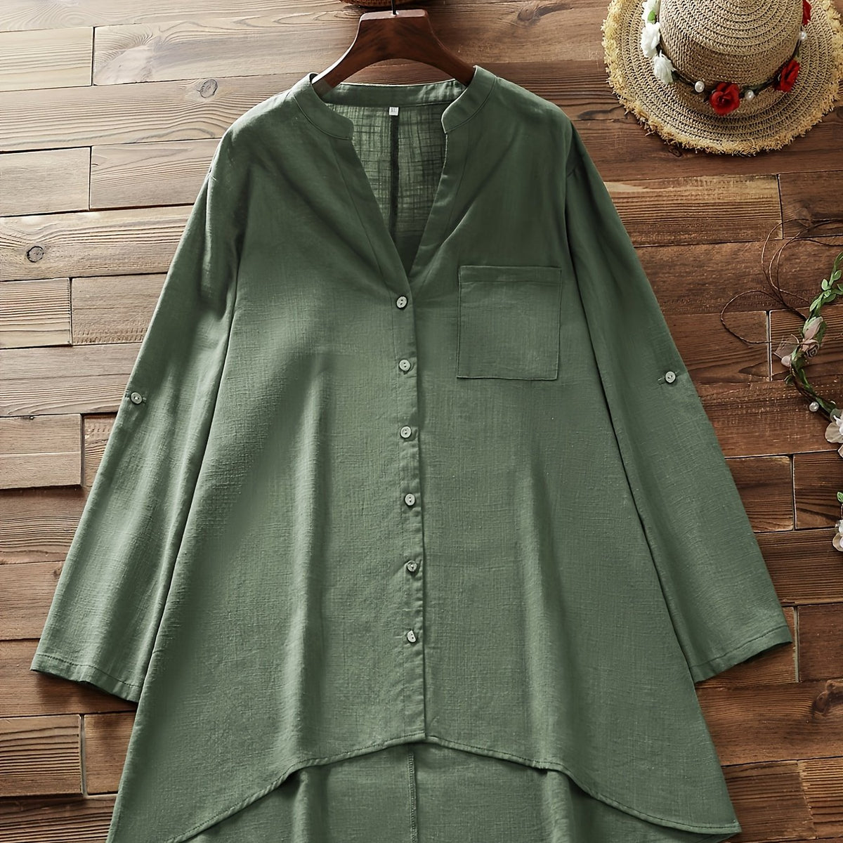  Casual Blouse Women's Plus Plain V Neck Button Up