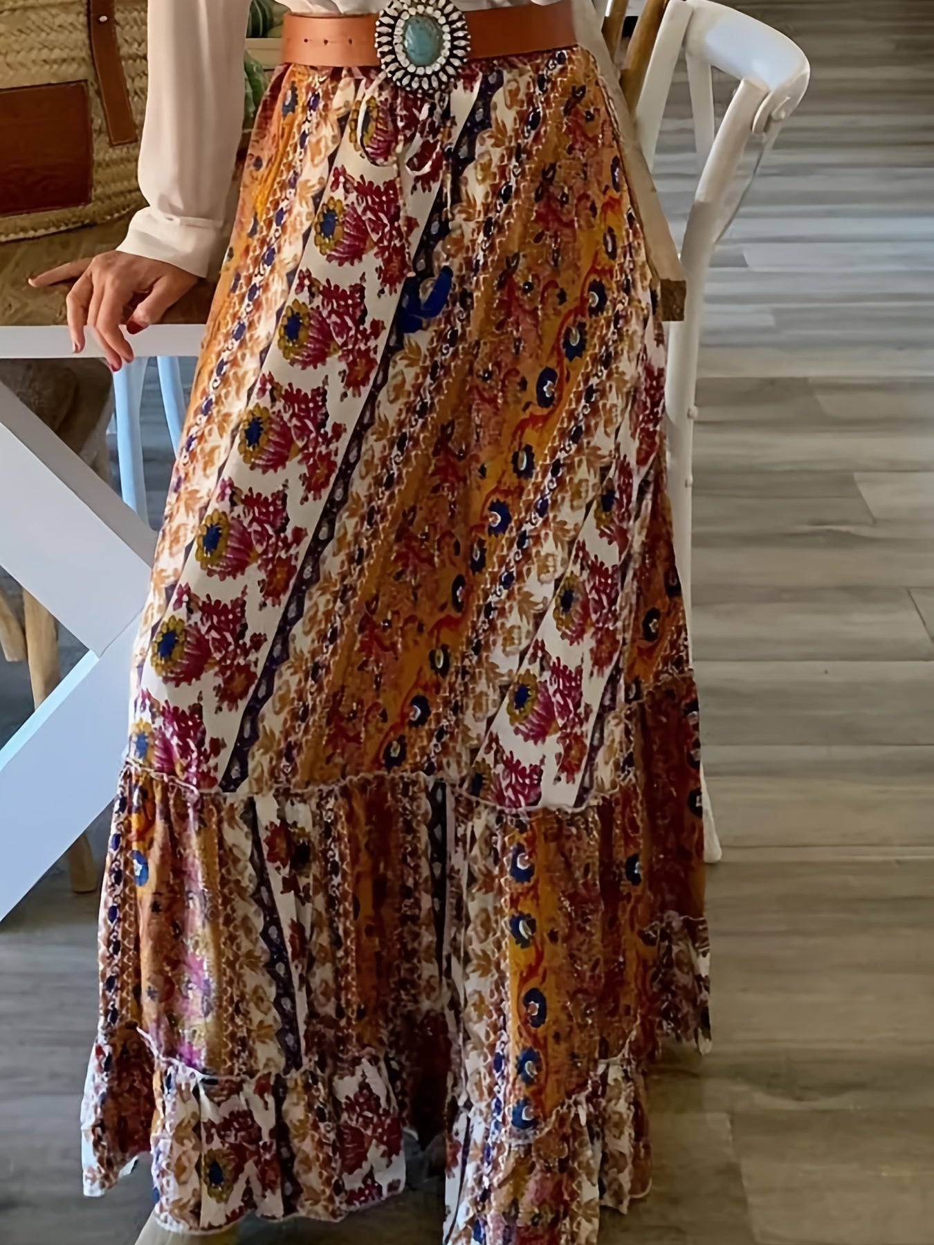  Tribal Print Ruffle Trim Maxi Skirt