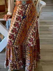  Tribal Print Ruffle Trim Maxi Skirt