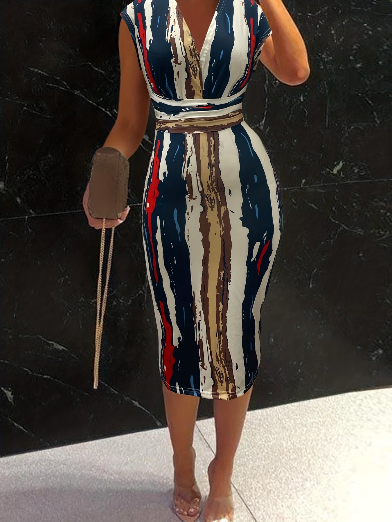  Colorblock Stripe Print Cap Sleeve Midi Dress