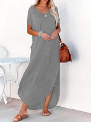 Short Sleeve Maxi Dress Crew Neck Side Slit Casual Dress Summer Spring