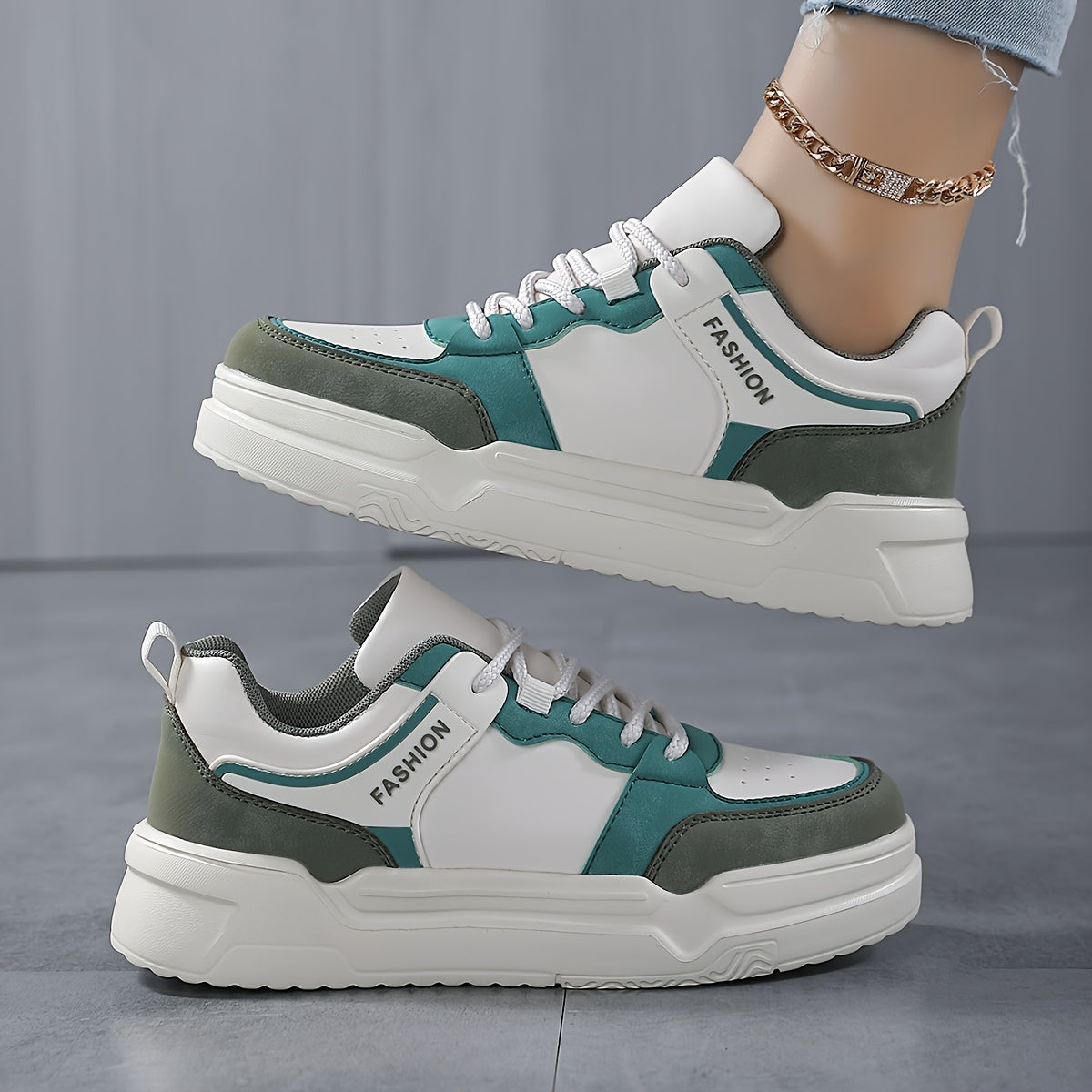 Women's Block Faux Leather Chunky Sneakers for Outdoor Sports