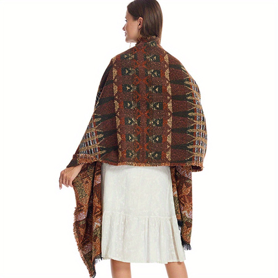 Geometric Printed Warm Shawl Wrap for Winter Coldproof Fringed Blanket