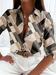  Geometric Print Lapel Collar Blouse