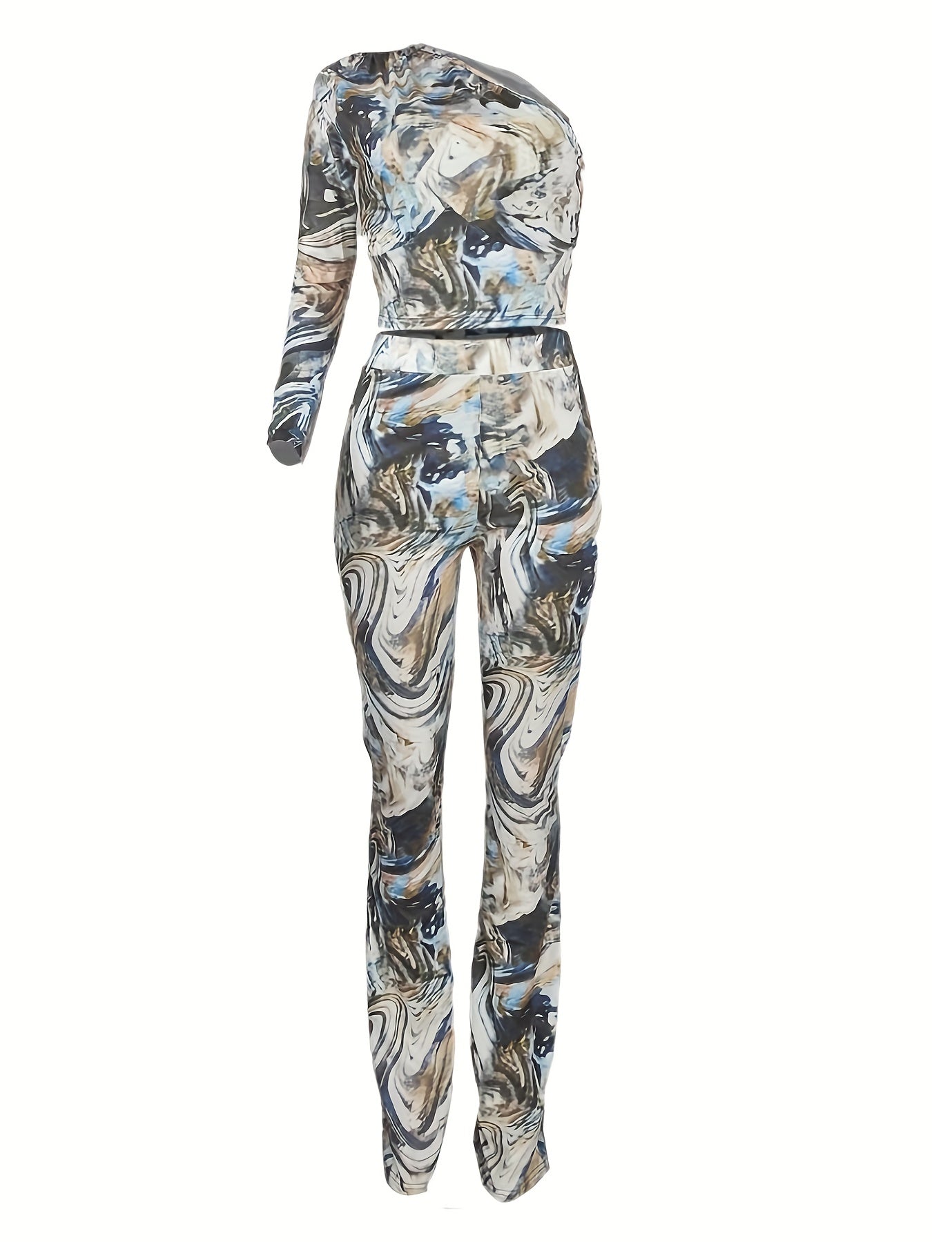  Marble Print One Shoulder Crop Top & Leggings Set