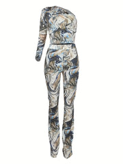  Marble Print One Shoulder Crop Top & Leggings Set