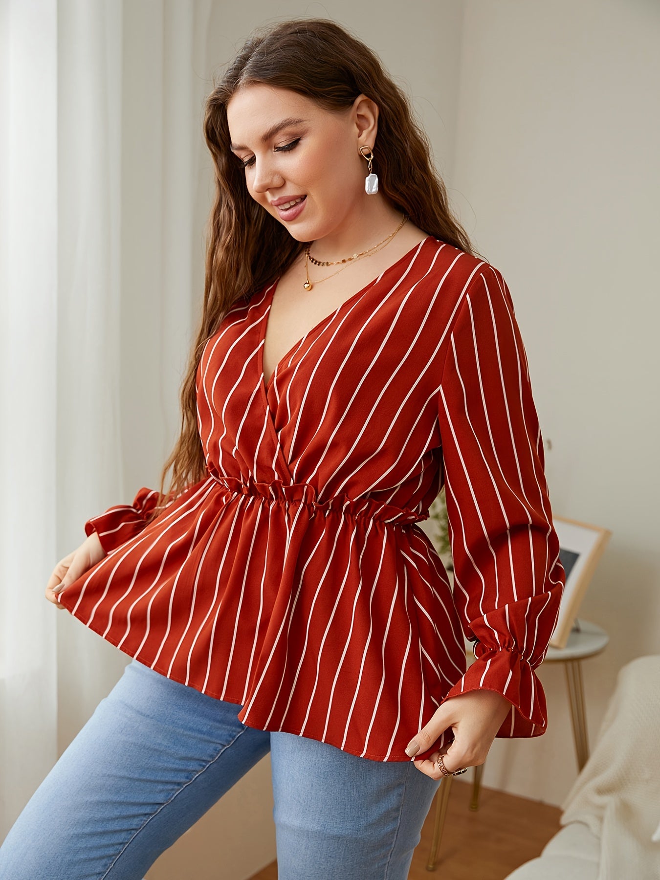  Striped Print V Neck Peplum Blouse Long Sleeve Casual Top