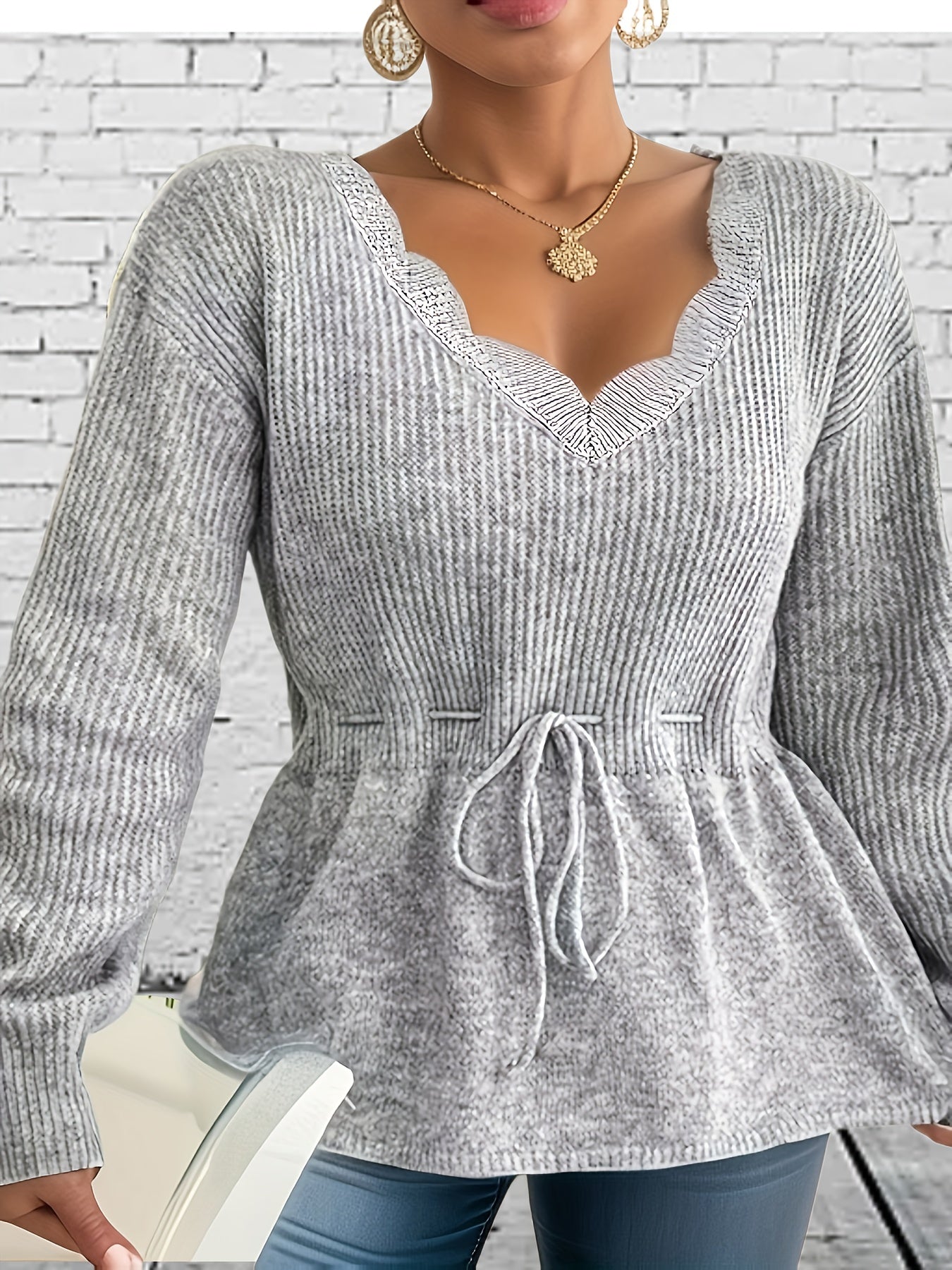  Casual Sweater Women's Plus V Neck Floral Trim Drawstring Jumper