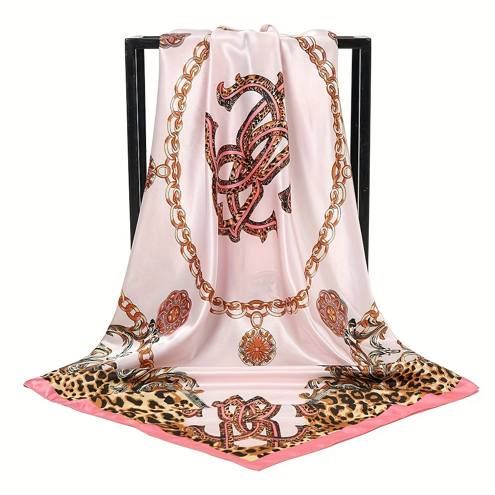 Leopard Chain Print Bandana Satin Square Head Scarf Solid Shawl