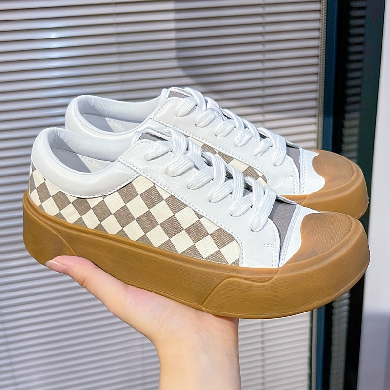 Checkboard Pattern Faux Leather Low Top Sneakers
