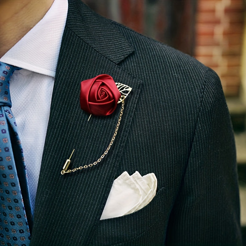 Men's Suit Golden Leaf Brooch with Chain Wedding Corsage