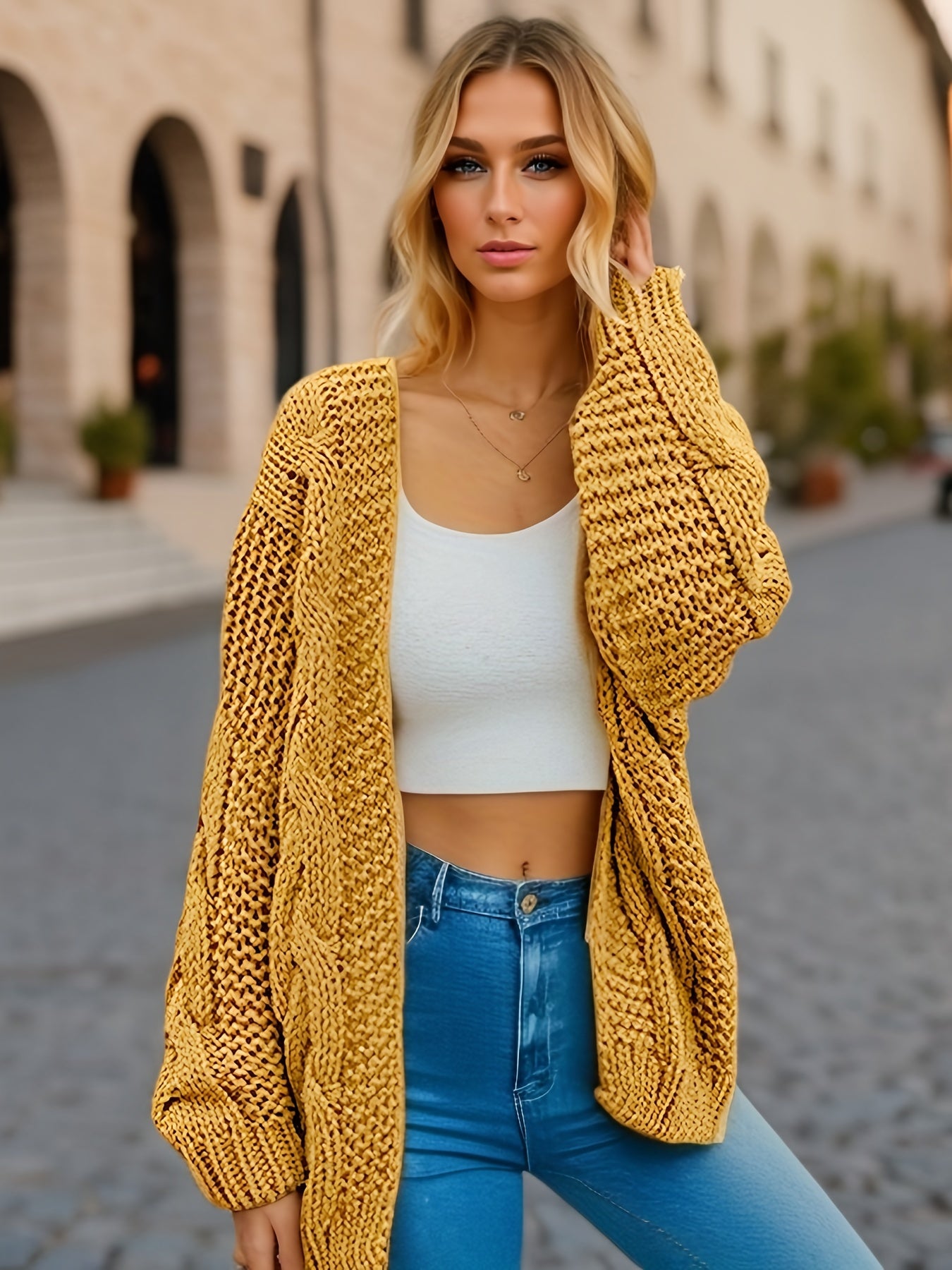 Women's Plus Size Solid Long Sleeve Open Front Knitted Cable Knit Cardigan