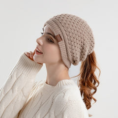 Warm Ear Protection Beanie Hat with Horse Tail Hole