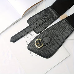 Stone Pattern Embossed PU Belt C Buckle Wide Belt Vintage Dress Coat