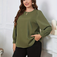  Solid Long Sleeve Keyhole Blouse