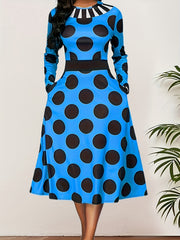  Polka Dot Print Long Sleeve Dress With Pockets