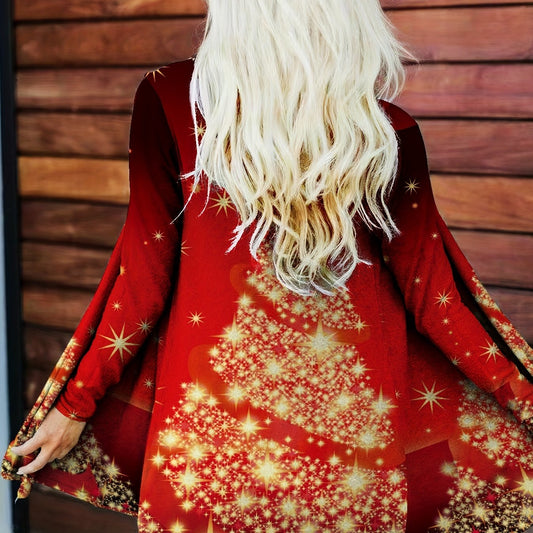  Glitter Christmas Tree Print Open Front Cardigan
