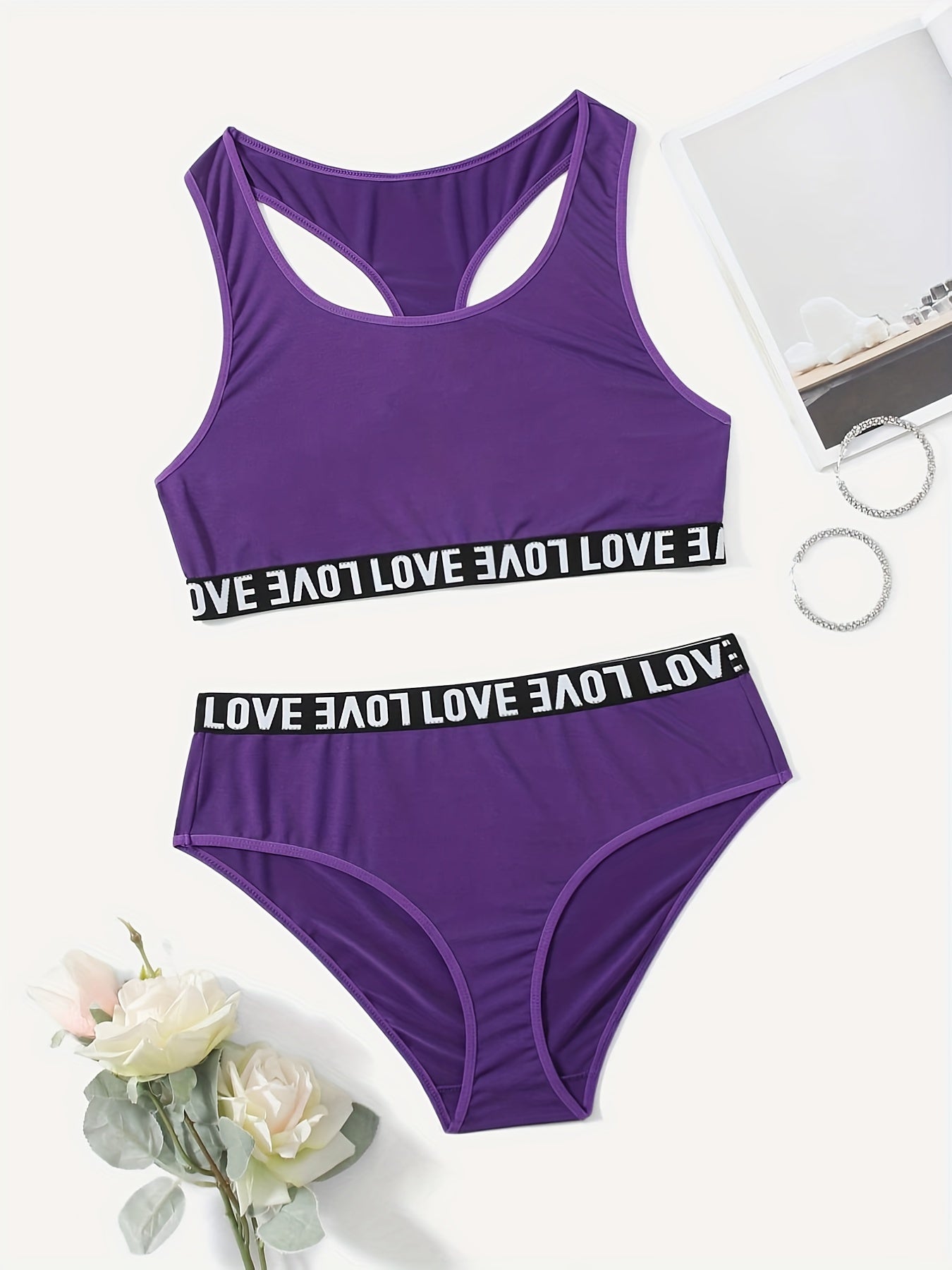  Casual Lingerie Set: Letter Tape Racer Back Bra & Underwear