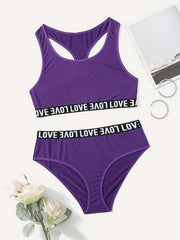 Casual Lingerie Set: Letter Tape Racer Back Bra & Underwear