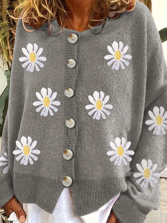  Floral Embroidery Cardigan Women's Round Neck Sweater
