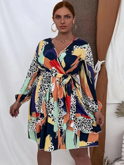  Colorblock Leopard Print Long Sleeve Mini Dress