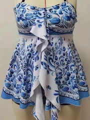  Floral Print Tankini Set Women's Draped Front Tube Top & Shorts