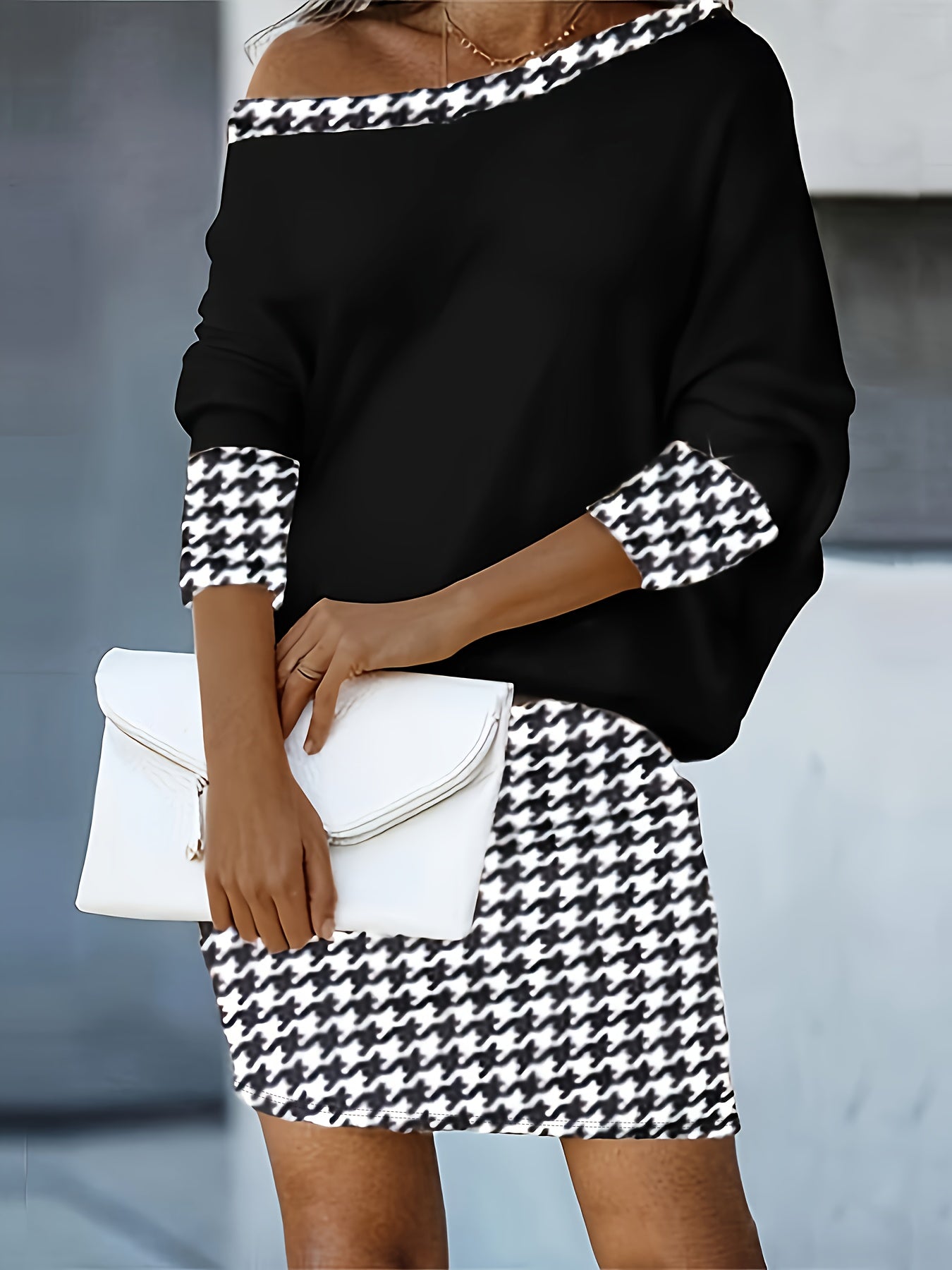  Houndstooth Print One Shoulder Top & Mini Skirt Set