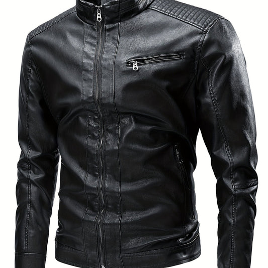 Men's Vintage PU Leather Jacket Stand Collar Zip Up Faux Leather Jacket