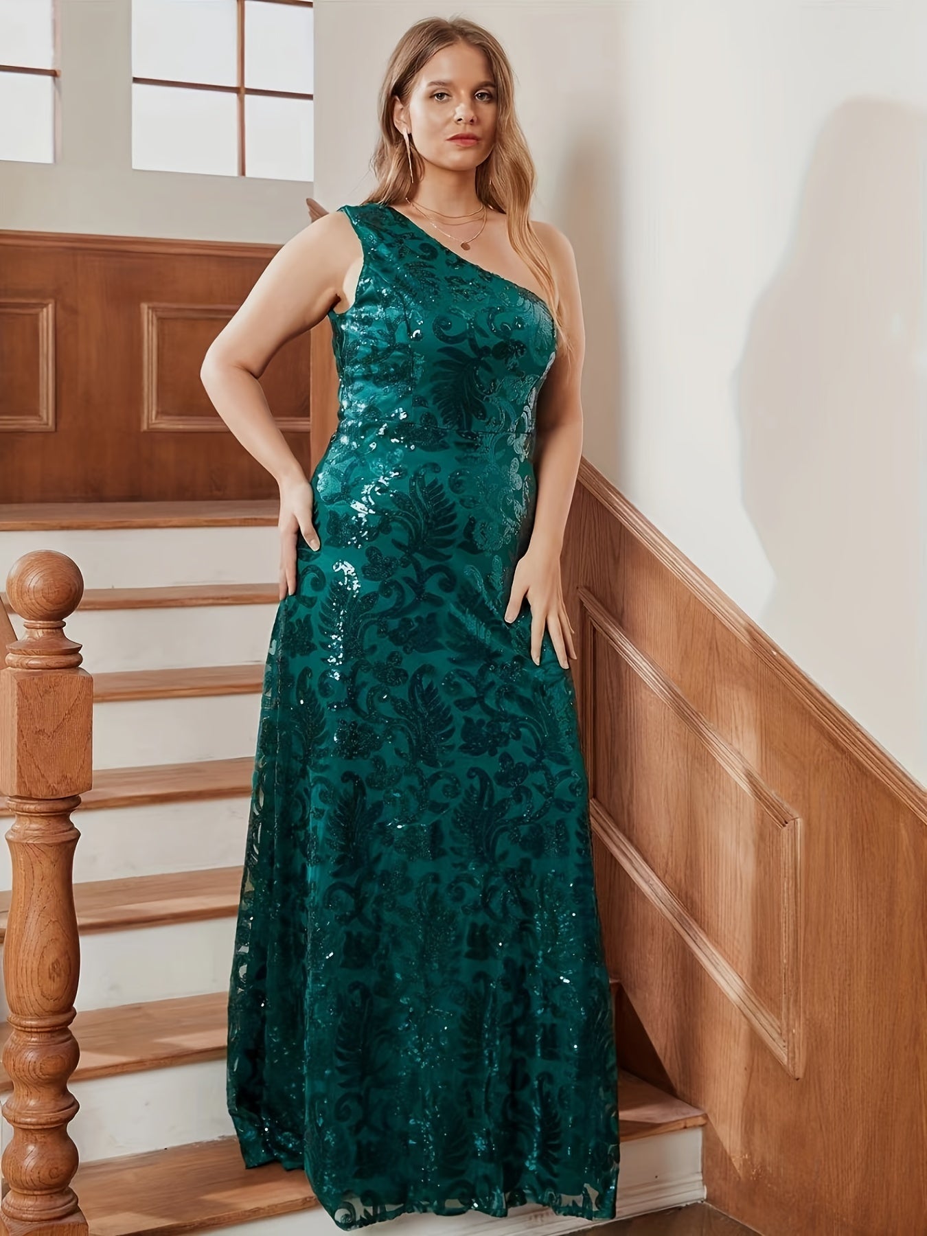  Solid Sequin One Shoulder Maxi Dress