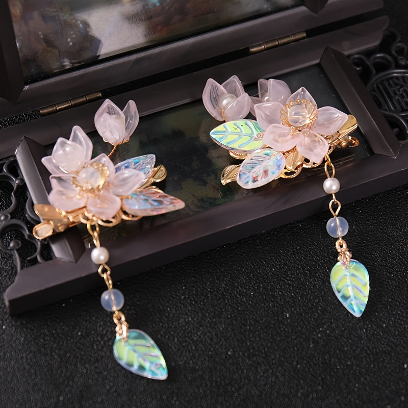 Hanfu Headdress Hairpin Flowers Leaves Faux Pearl Tassels Ancient Style
