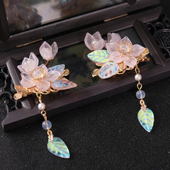Hanfu Headdress Hairpin Flowers Leaves Faux Pearl Tassels Ancient Style