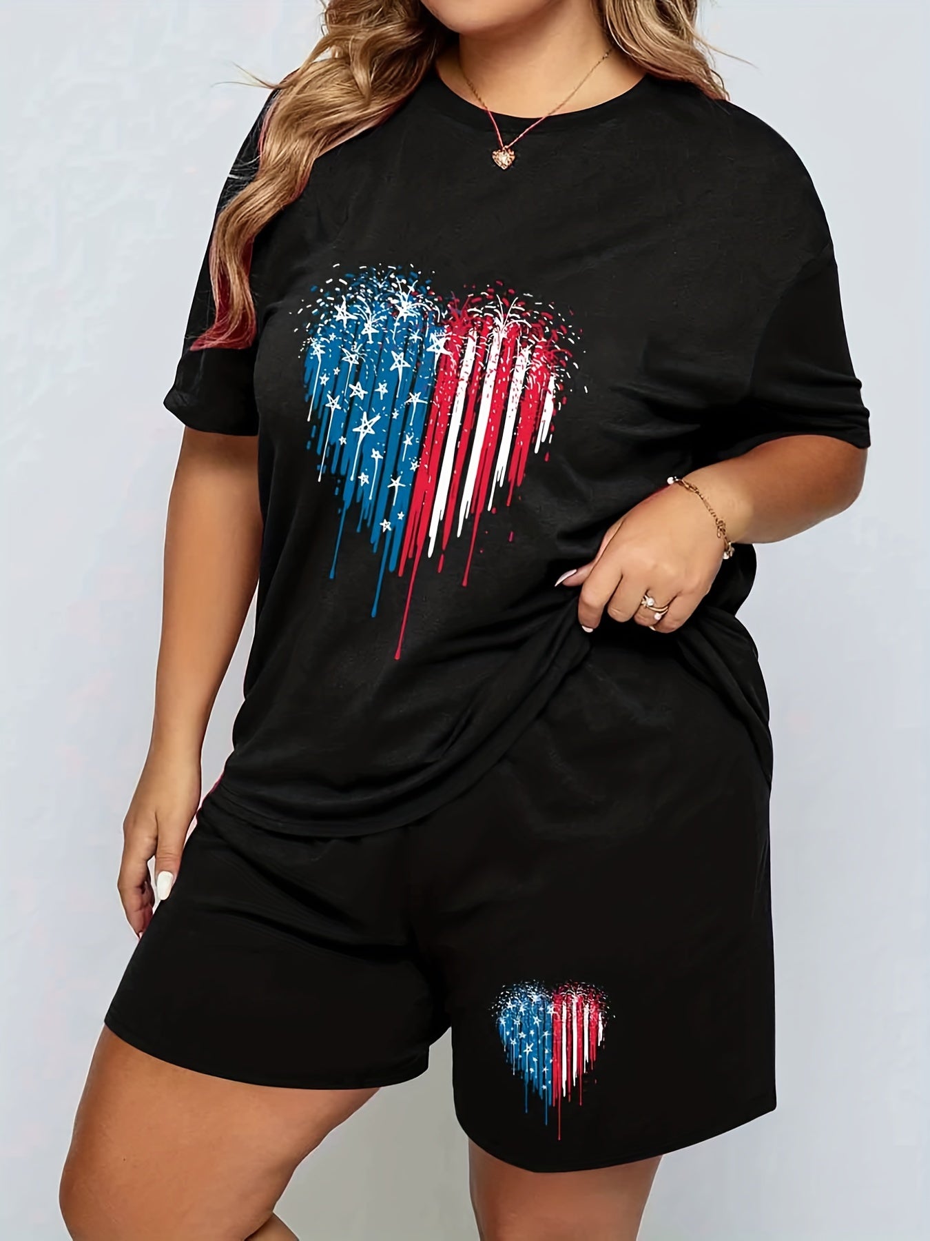  Flag Heart Print Pajama Set Women's Independence Tee & Shorts 2 Piece