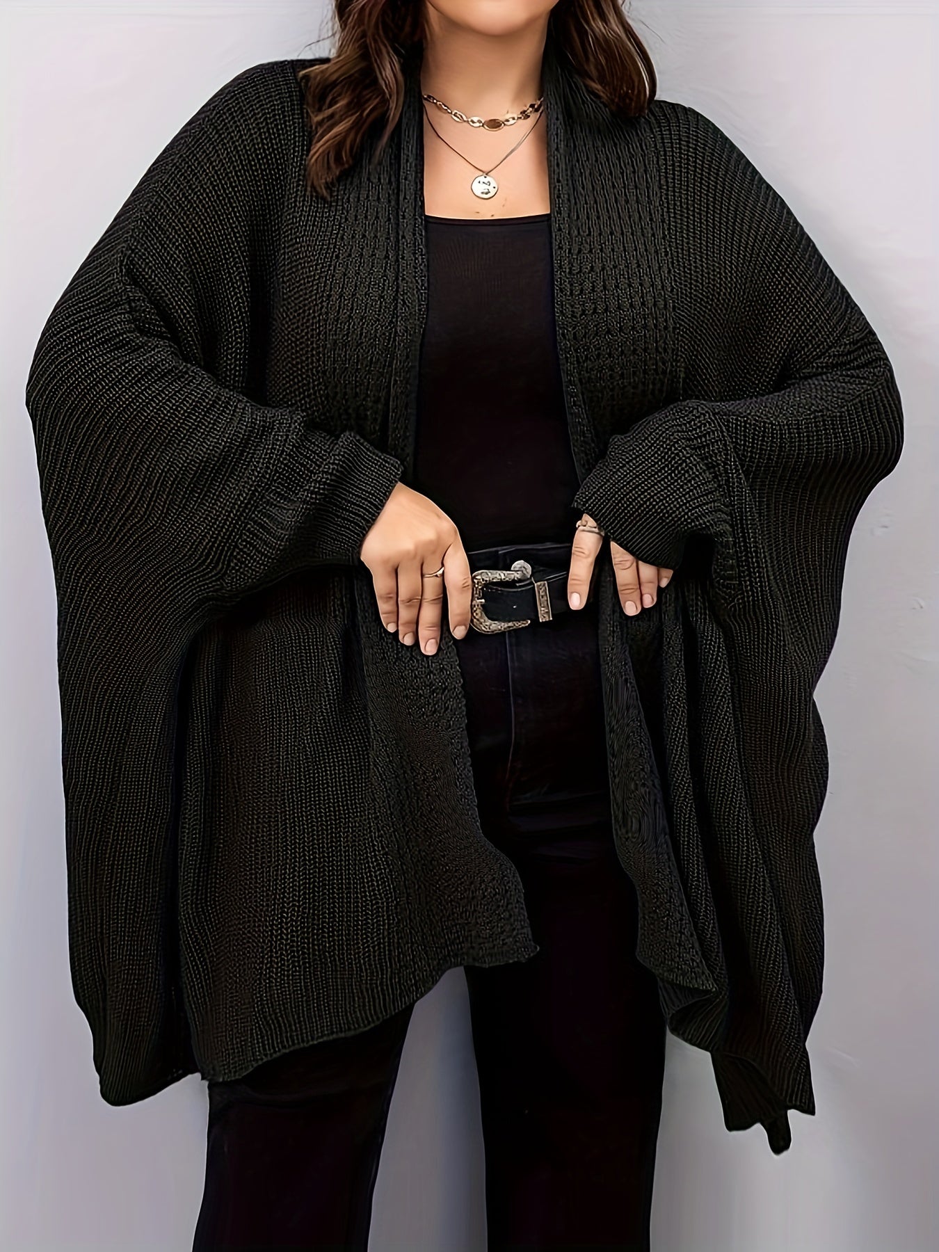  Solid Bat Sleeve Open Front High Stretch Cardigan
