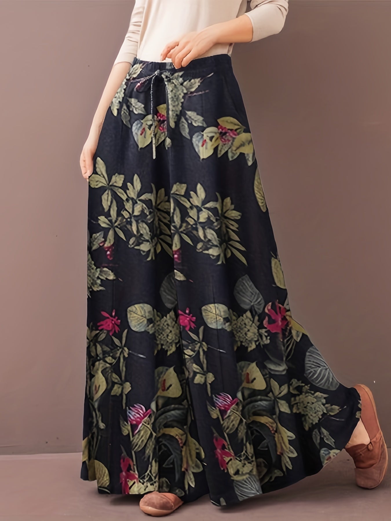  Pants Women's Plus Floral Print Elastic Drawstring Wide Leg Pants