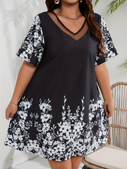  Colorblock Floral Print Mesh Sleeve Dress