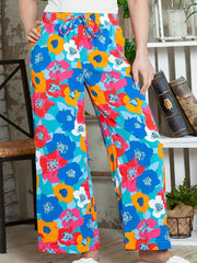 Women's Plus Floral Print Elastic Drawstring Beachwear Wide Leg Pants