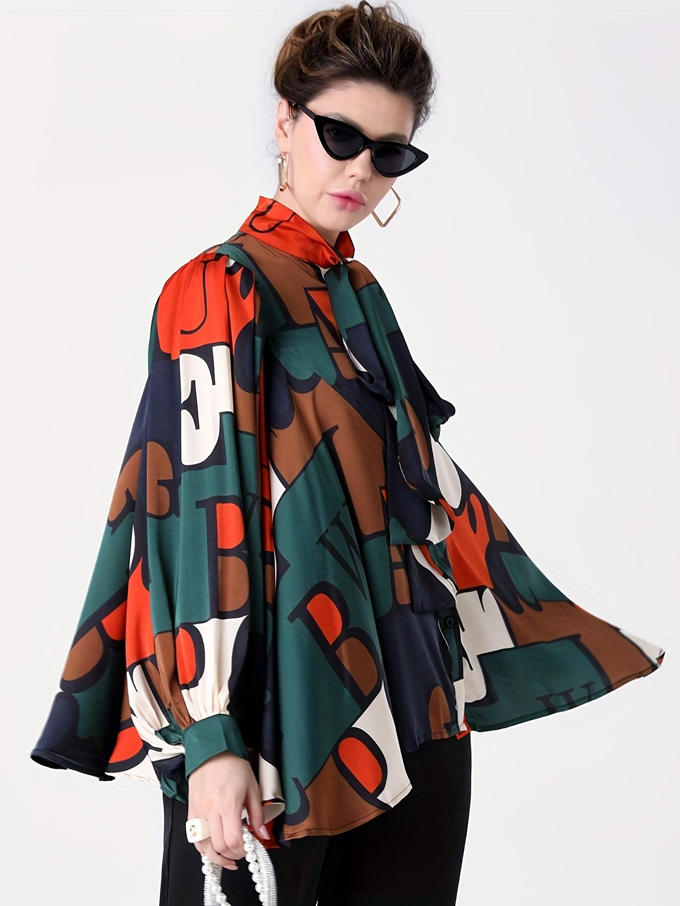 Women's Plus Colorblock Letter Print Lantern Sleeve Blouse