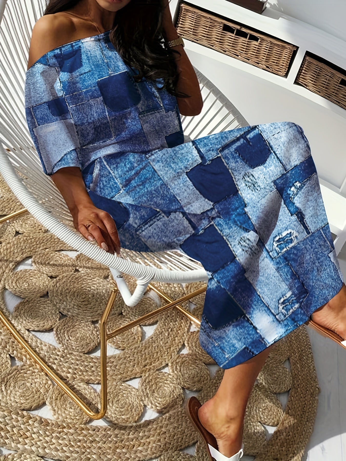  Denim Print One Shoulder Top & Skirt Set