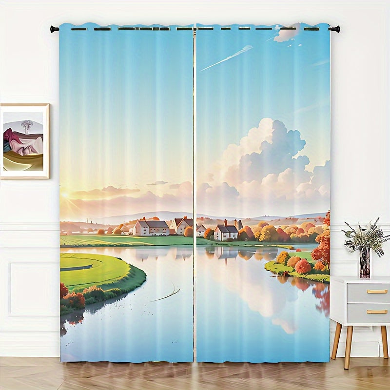 Cartoon Sky Clouds Grassland Village Window Curtains And Tapestries