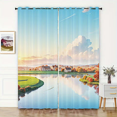 Cartoon Sky Clouds Grassland Village Window Curtains And Tapestries