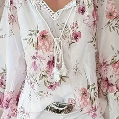  Floral Lace Sleeve Tie Neck Tunic Top