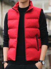Men's Sleeveless Cotton Padded Jacket Winter Stand Collar Faux Down Zip Vest