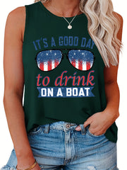  Casual Tank Top Women's Plus Flag Pattern Glasses & Slogan Print