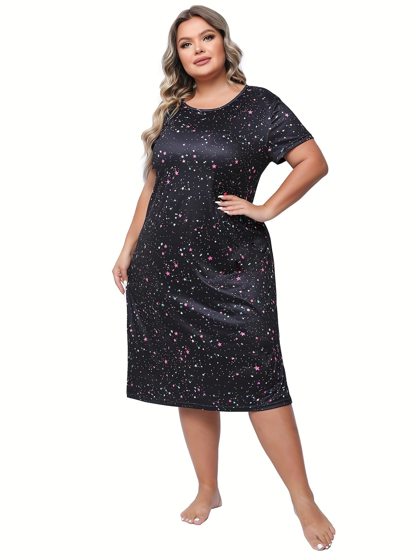  Star Print Lounge Dress Short Sleeve Round Neck Nightdress