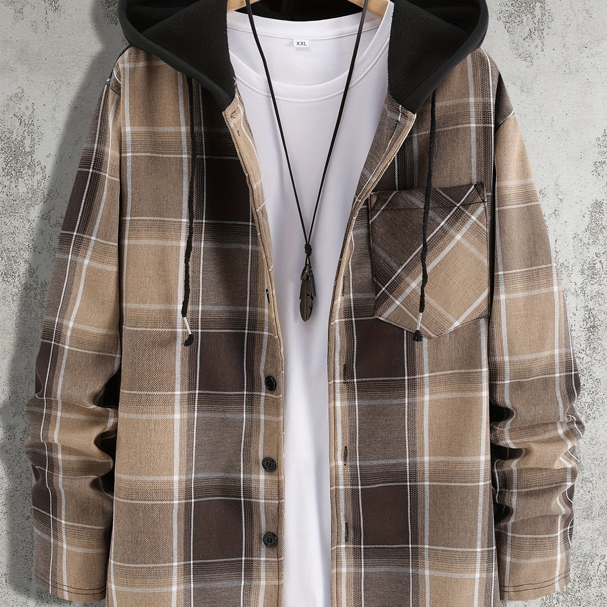 Plaid Shirts Jackets Hooded Button Up Coat Men