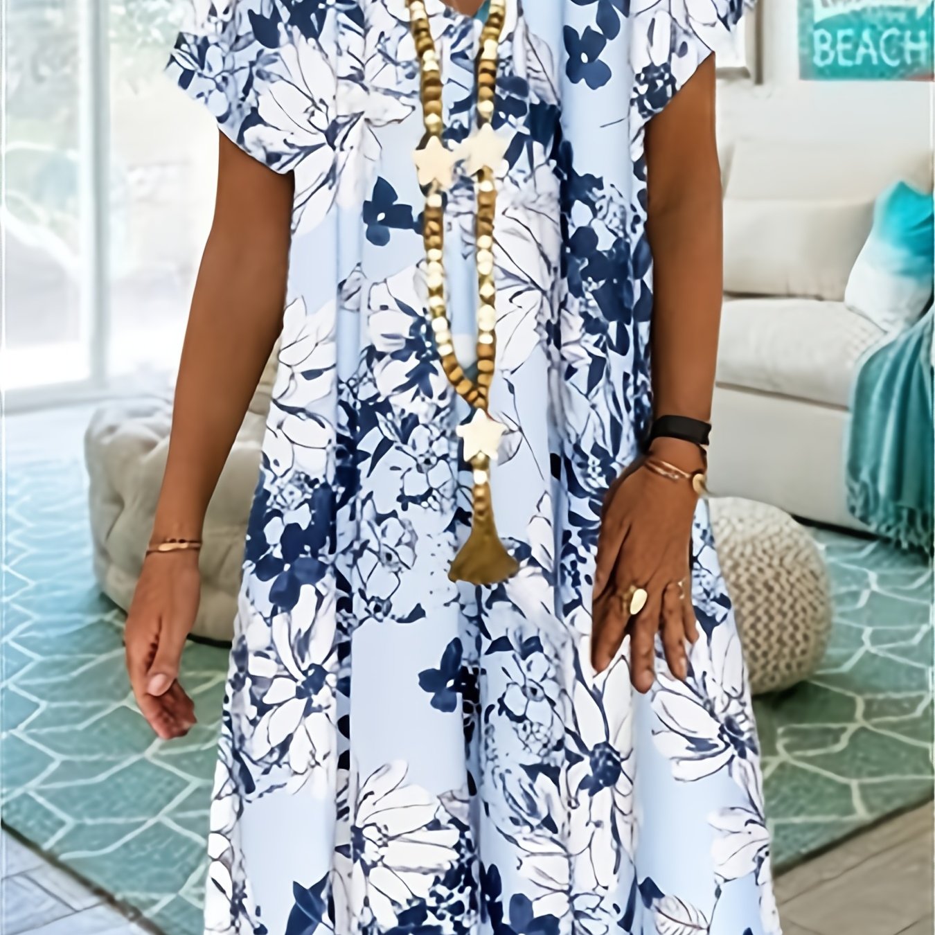  Floral Print V Neck Midi Dress