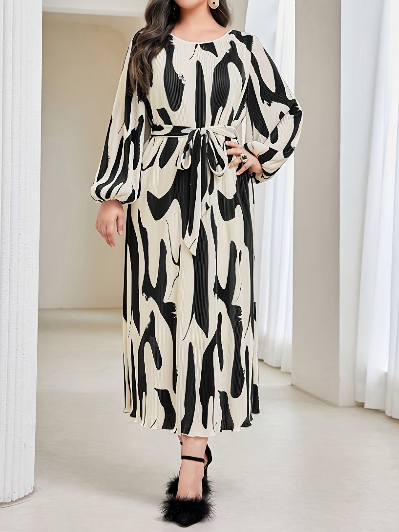  Casual Dress Women's Plus Random Print Lantern Sleeve Maxi Dress
