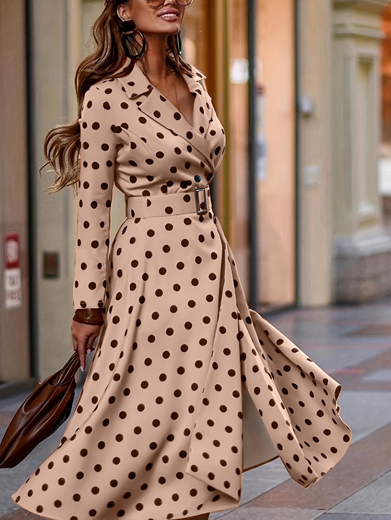  Polka Dot Print Long Sleeve Lapel Collar Dress