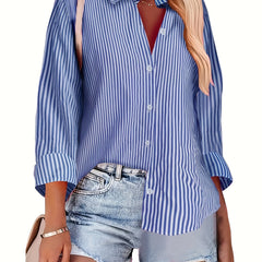  Nautical Stripe Print Button Up Long Sleeve Blouse